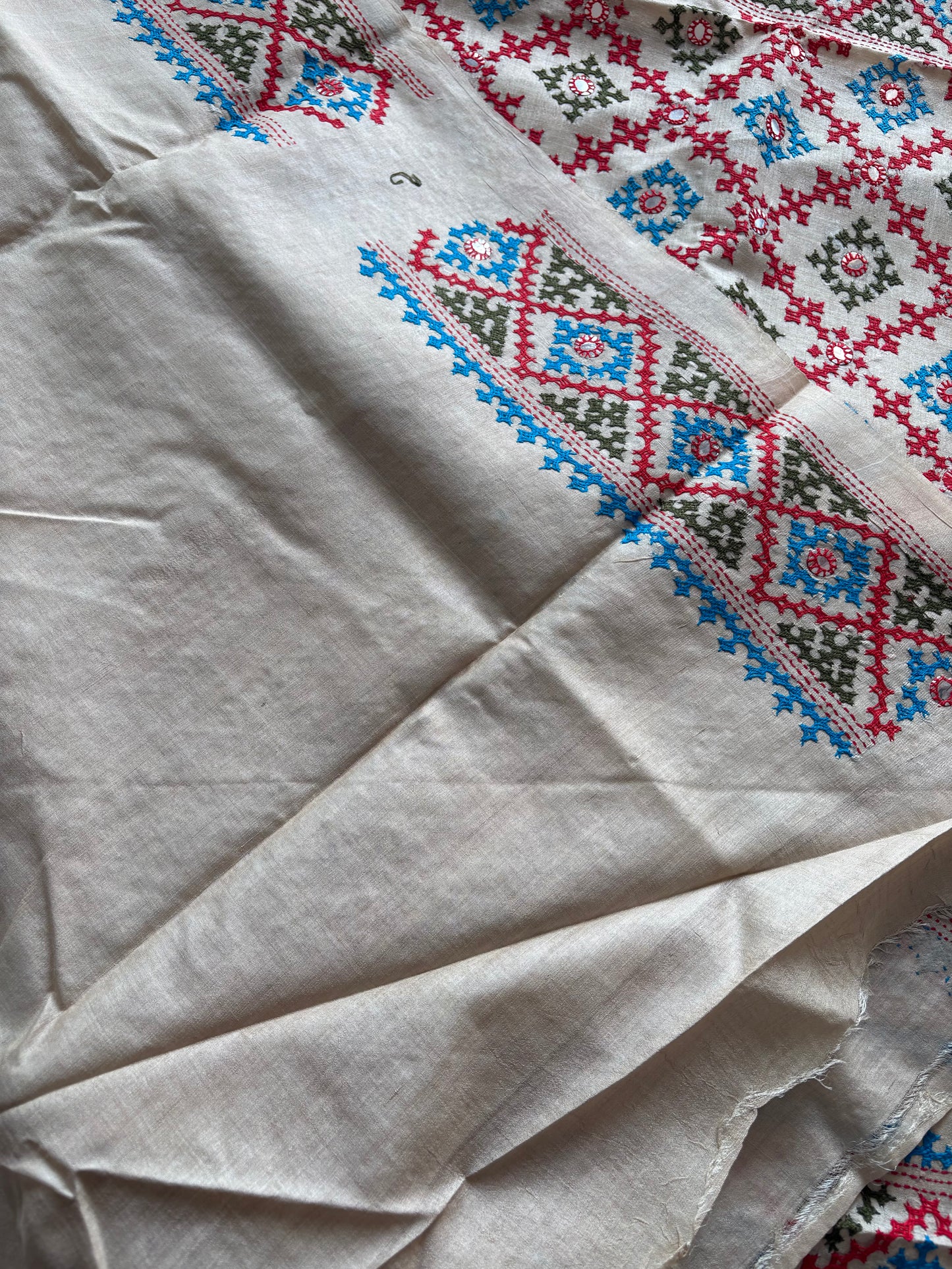Kutchi Hand Embroidered Saree | Pure Gachi by Gachi Tassar Silk | Silk Marked | Off- White
