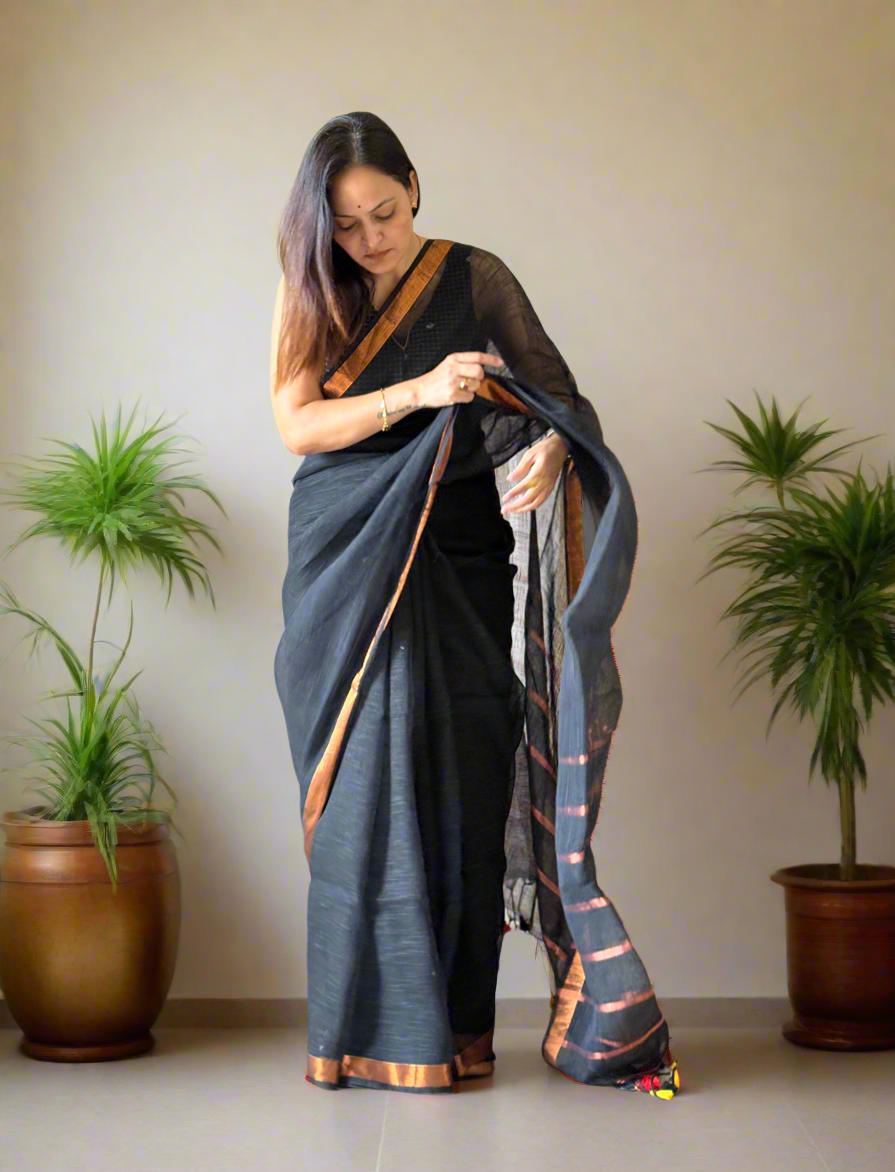 Black Linen By Linen Saree With Blouse