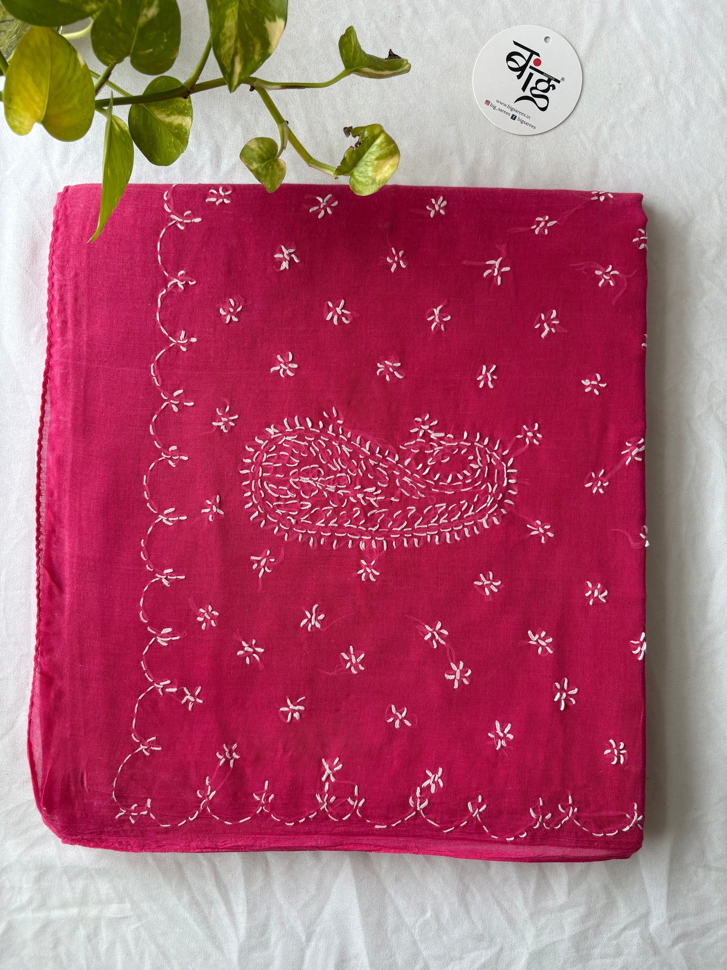 Chikankari Hand-Embroidered Saree | Cotton | Dark Pink