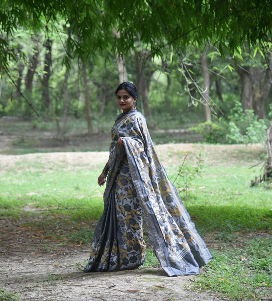 Kantha - Stitch Hand Embroidered Saree | Blended Bangalore Silk / Art Silk | Grey