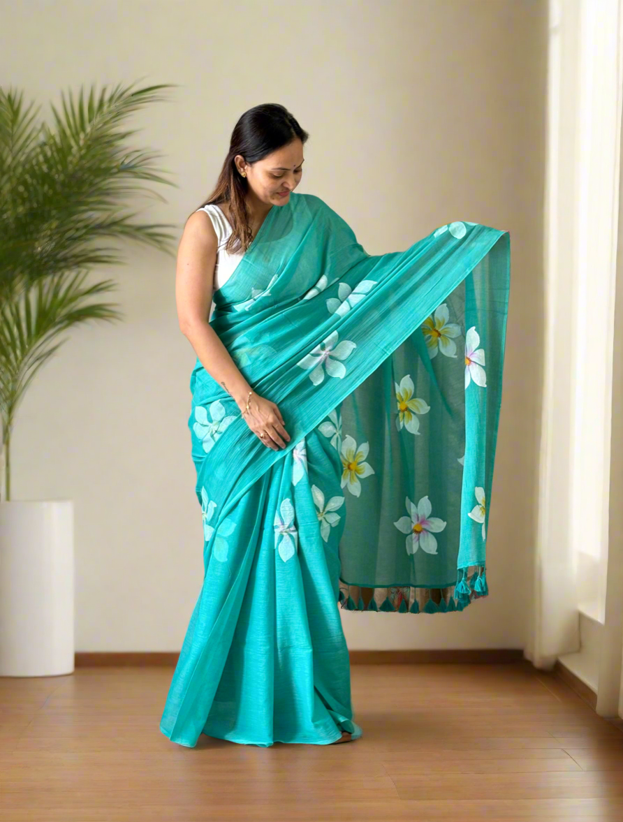 Hand Painted Mul Cotton Saree - Sea Green