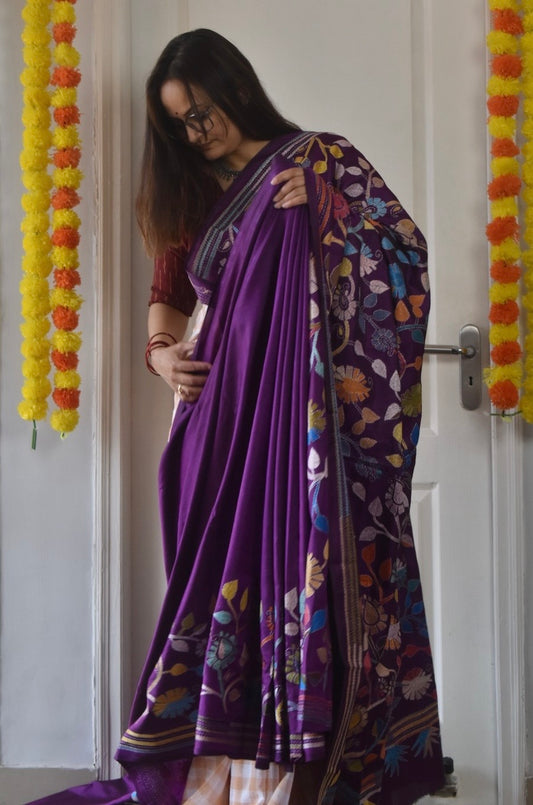 Kantha Hand Embroidery Pure Silk Saree - Flowers