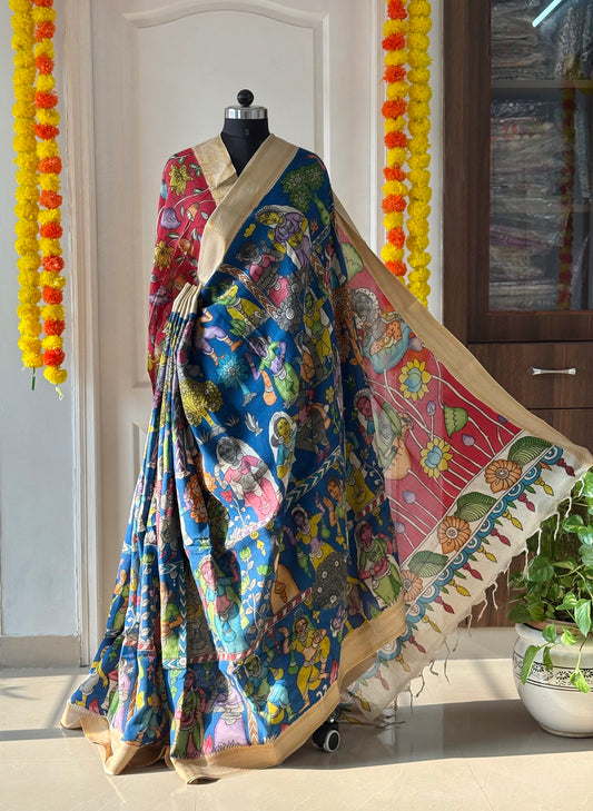 Pen Kalamkari hand painted Banglore Silk Saree with blouse