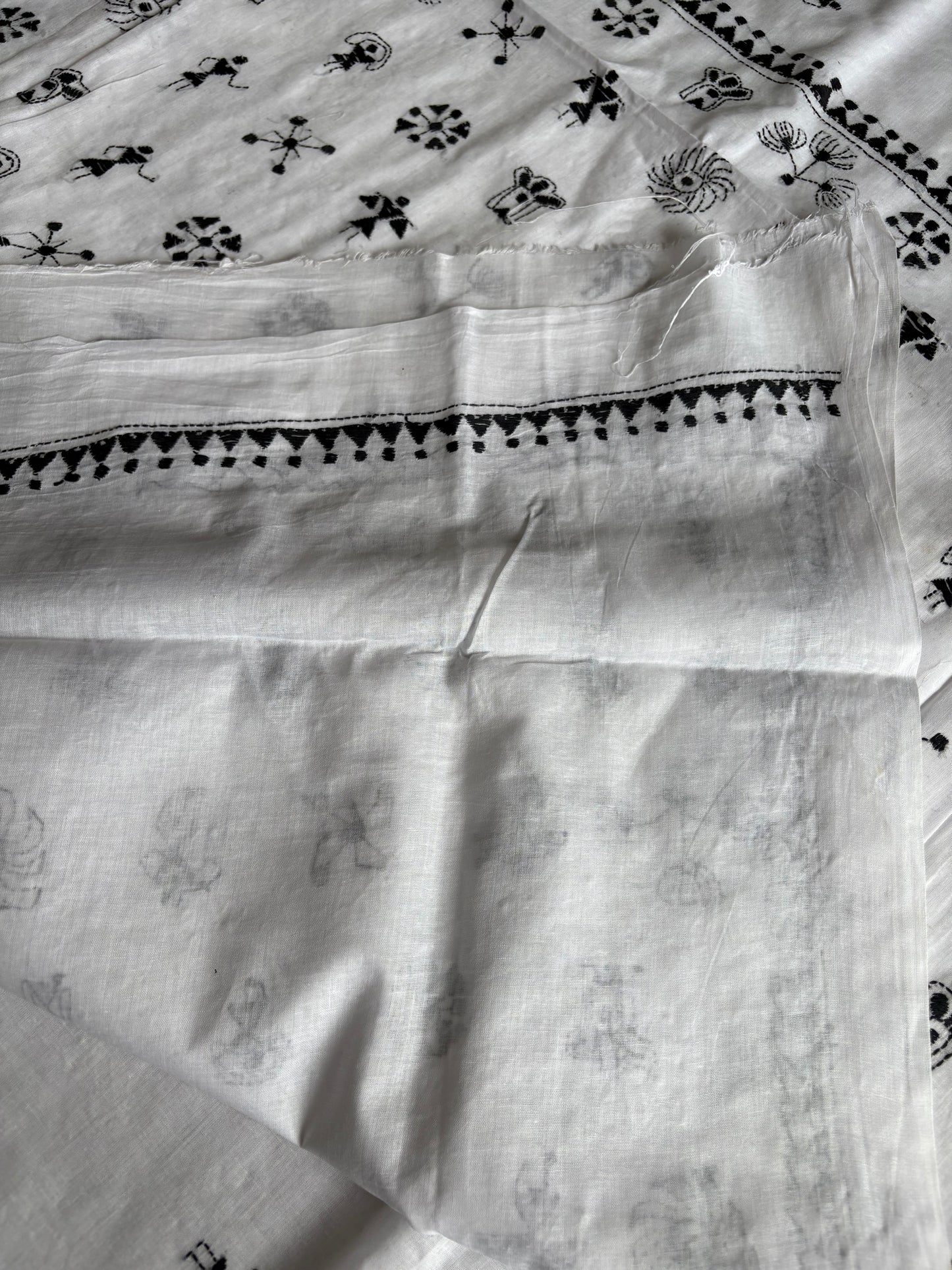 Kantha Hand Embroidered Pure Cotton Saree - white