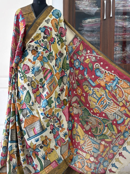 Pen Kalamkari hand painted pure cotton Saree with blouse