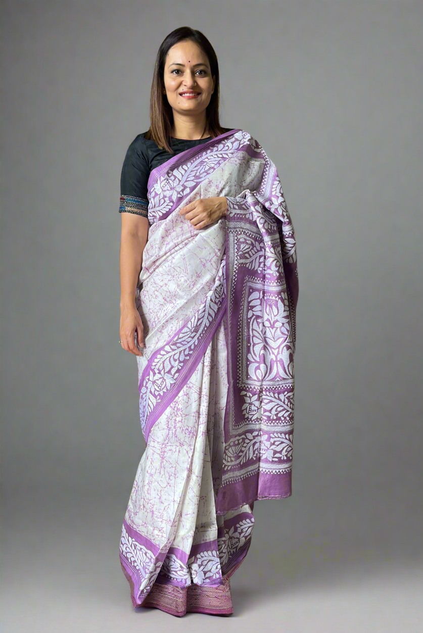 Kantha Stitch Hand Embroidered Pure Banglore Silk Batik Saree (Silk Marked)