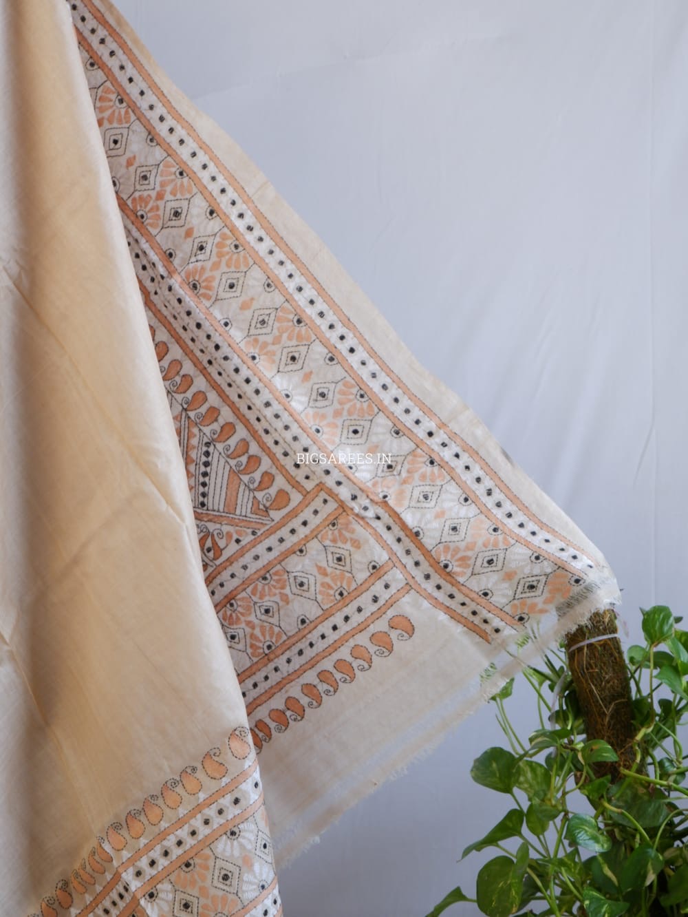 Kantha Stitch Hand Embroidered Saree | Pure Gachi Tussar Silk | Silk Mark Certified | Beige