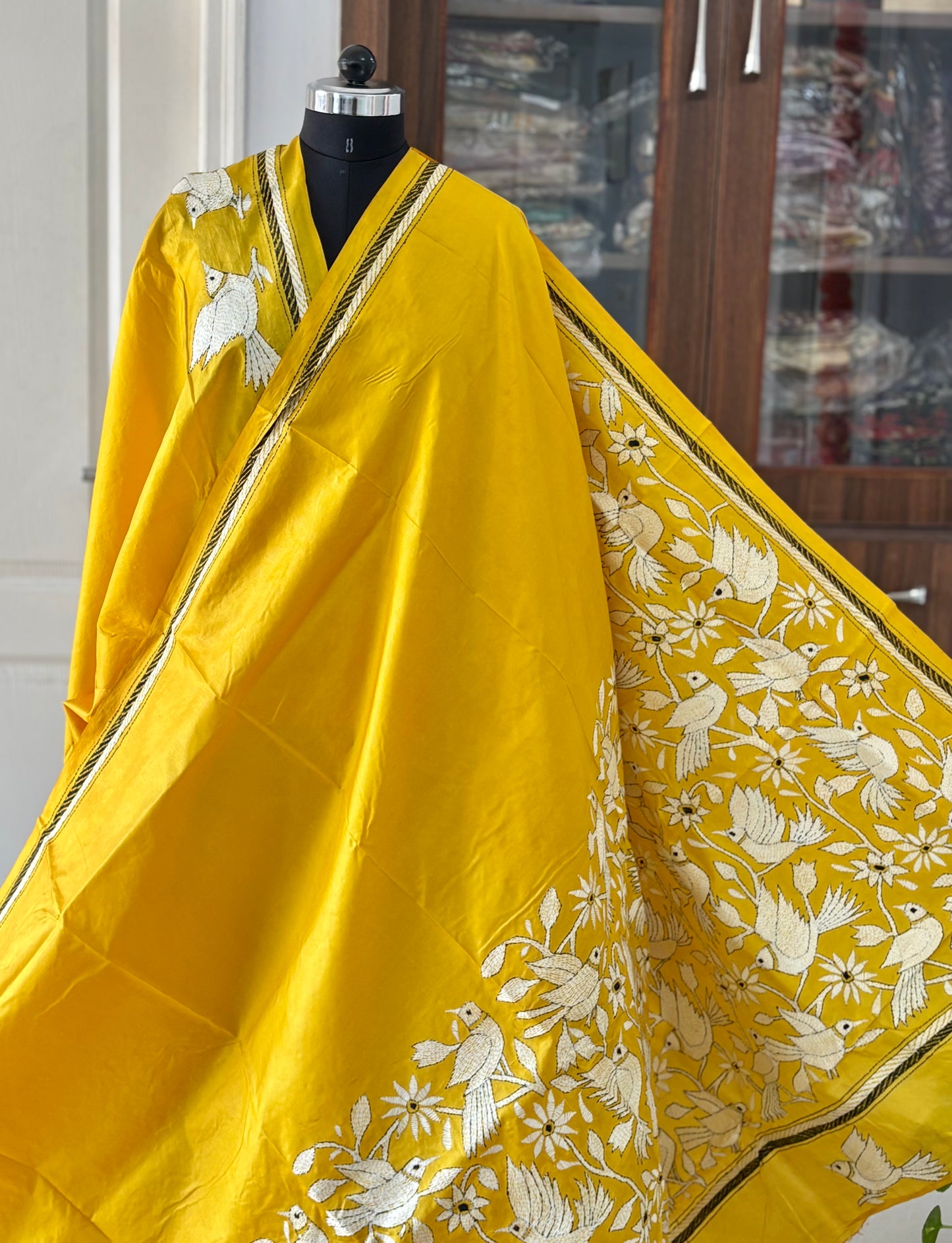 Kantha Stitch Hand Embroidered Pure Banglore Silk Saree (Silk Marked)