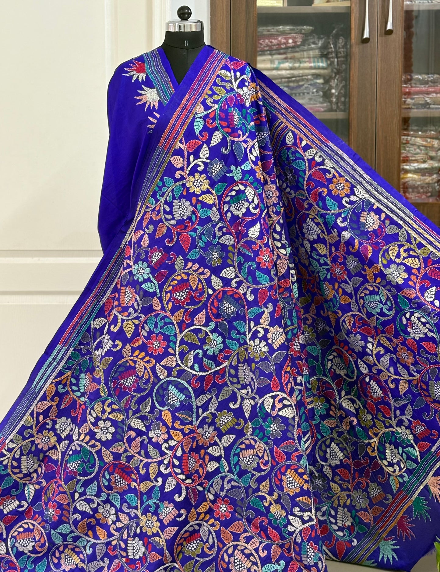 Kantha Hand Embroidered Pure Banglore Silk Saree (Silk Marked)