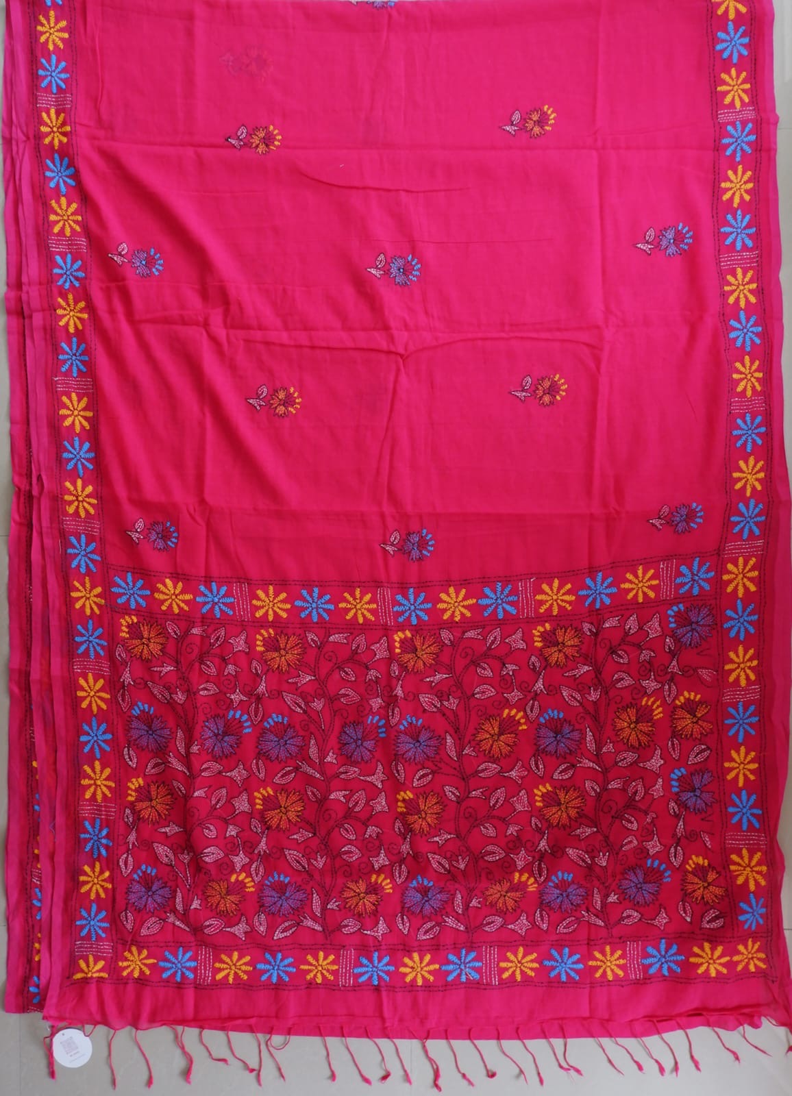 Kantha stitch Hand Embroidered Pure mul Cotton Saree