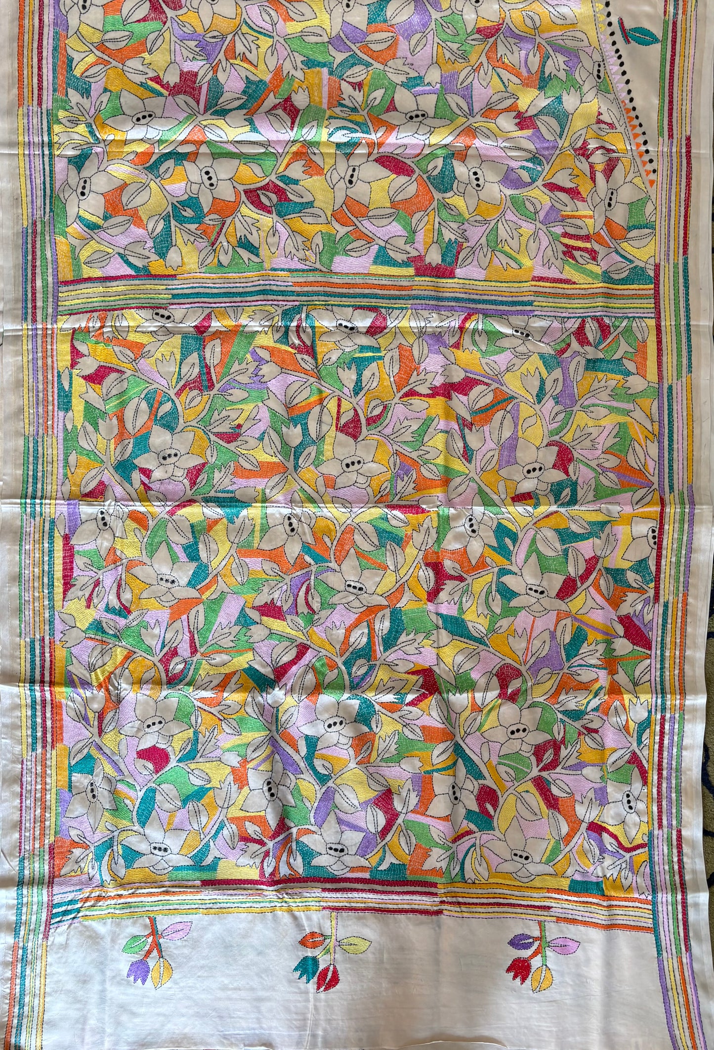 Reverse Kantha Hand Work Embroidered Art Silk Saree - Beige