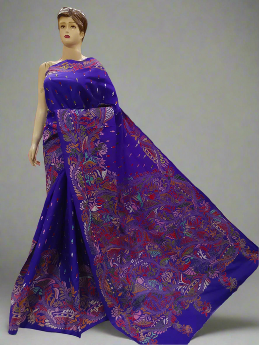 Blue Kantha Stitch Hand Embroidered Pure Banglore Silk Saree