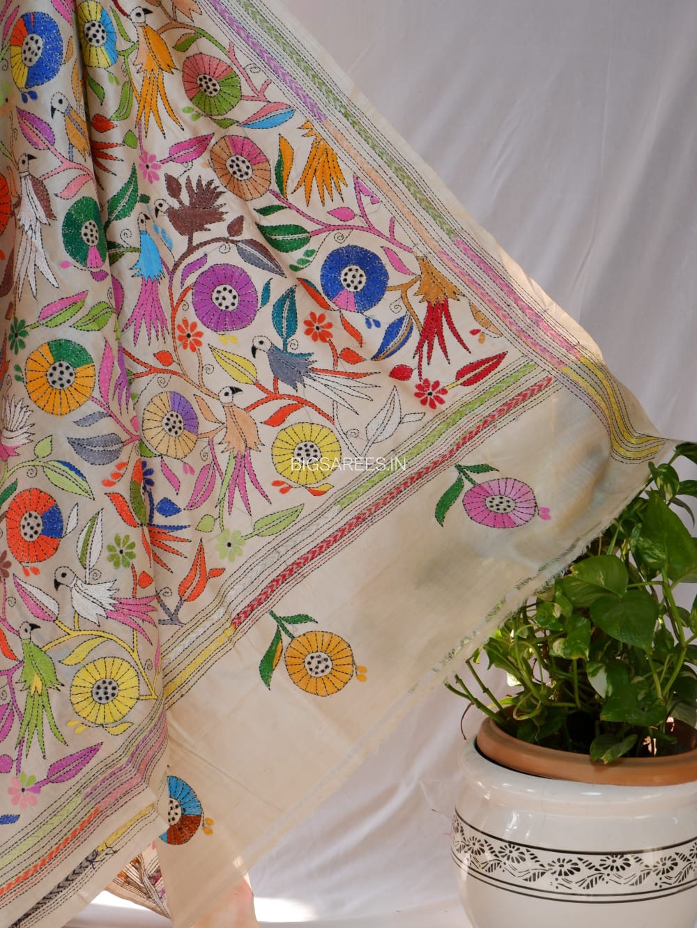 Kantha Stitch Hand Embroidered Saree | Pure Tussar Silk | Silk Mark Certified