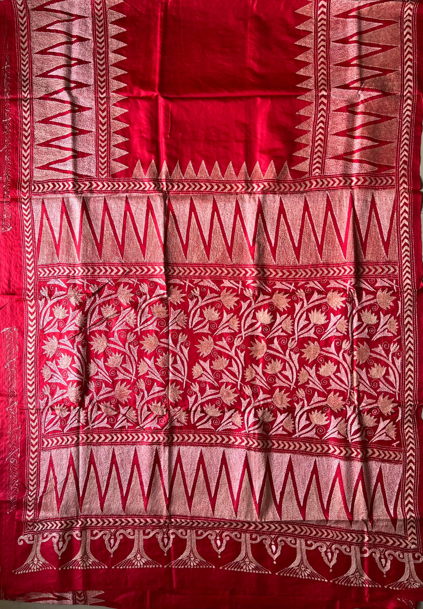 Red Kantha Stitch Hand Embroidered Pure Banglore Silk Saree