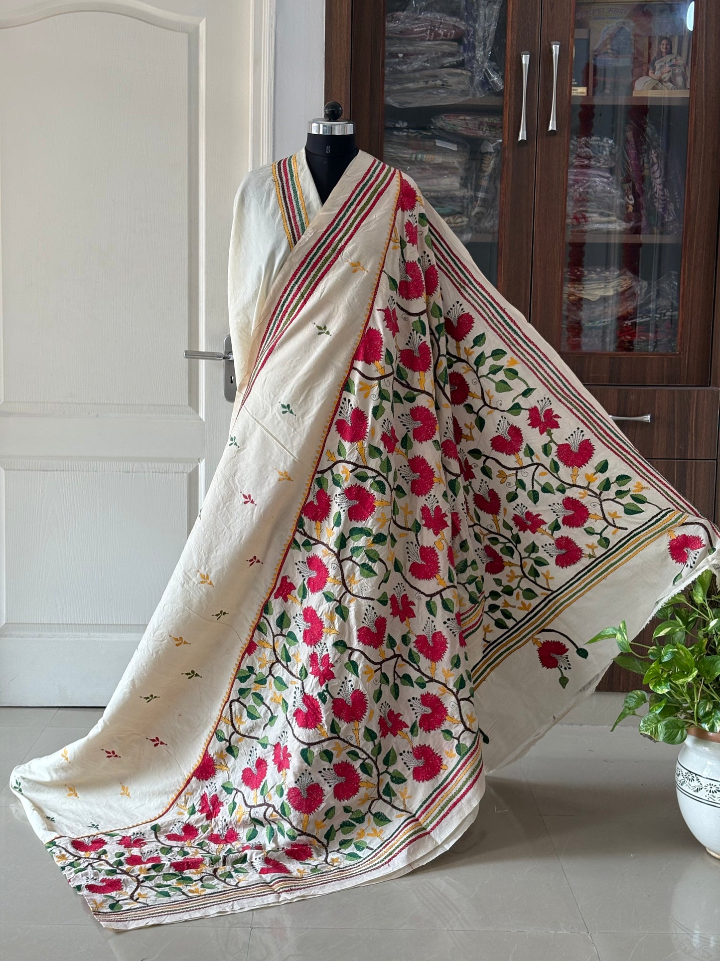 Off White Kantha Hand Embroidered Tussar Silk Saree