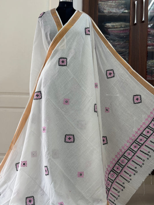 Gujrati Stitch/Kutch Hand Embroidered South Cotton Saree