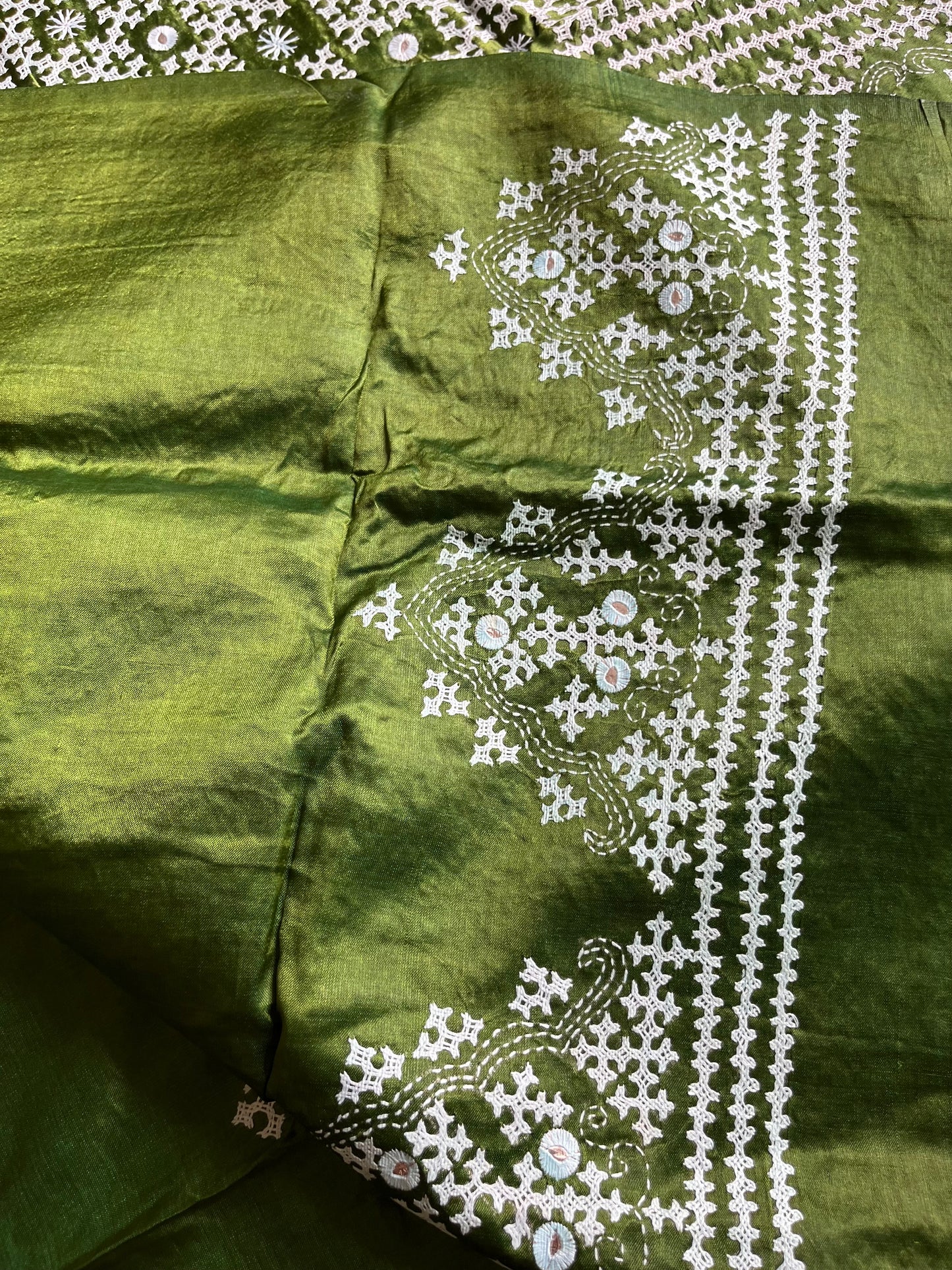 Gujrati/Kutchi Work Hand Embroidered Tusshar Silk Saree