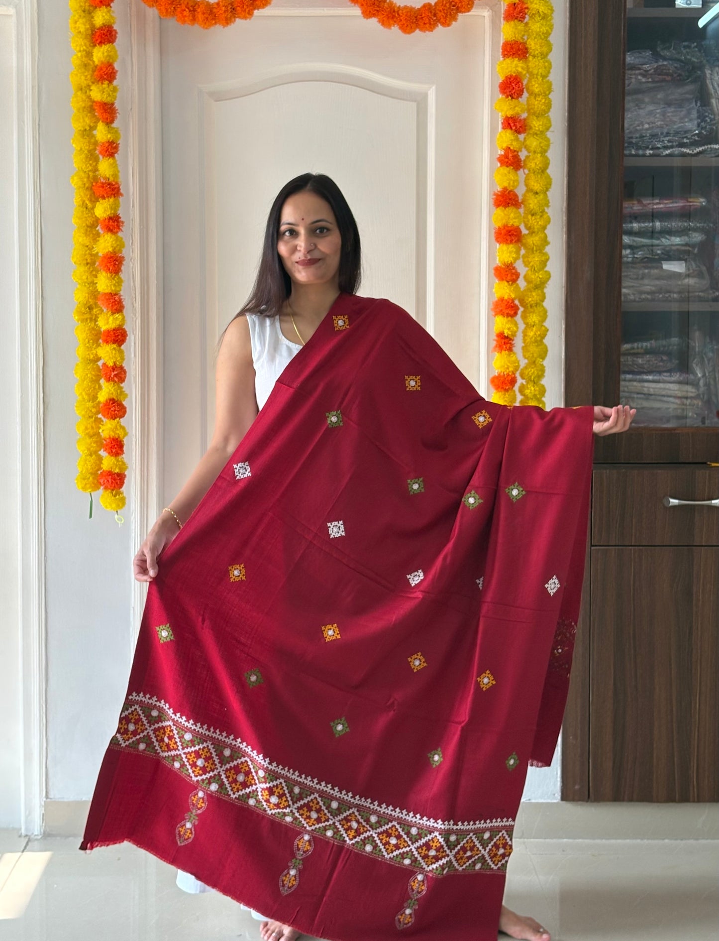 Gujrati Stitch Hand Embroidered Woollen Warm Shawl