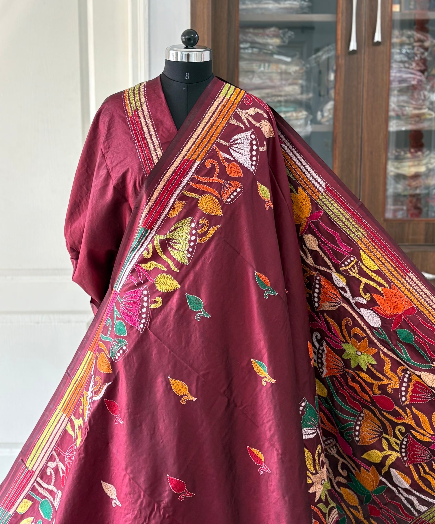 Kantha Stitch Hand Embroidered Pure Banglore Silk Saree (Silk Marked)