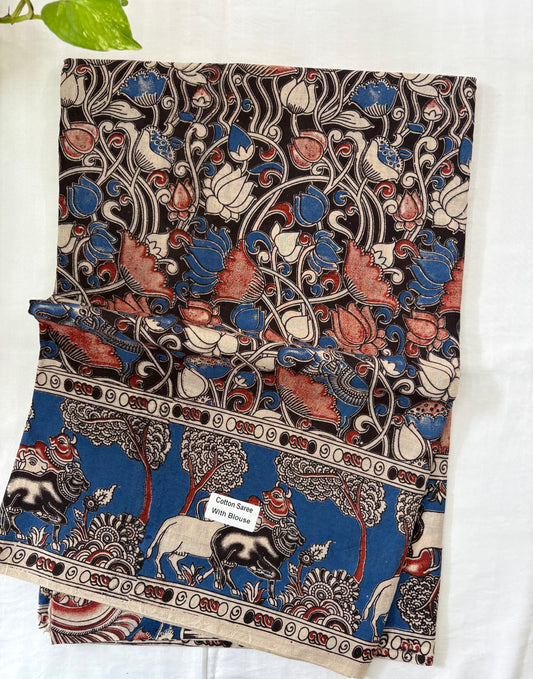 Kalamkari printed malmal cotton Saree with blouse