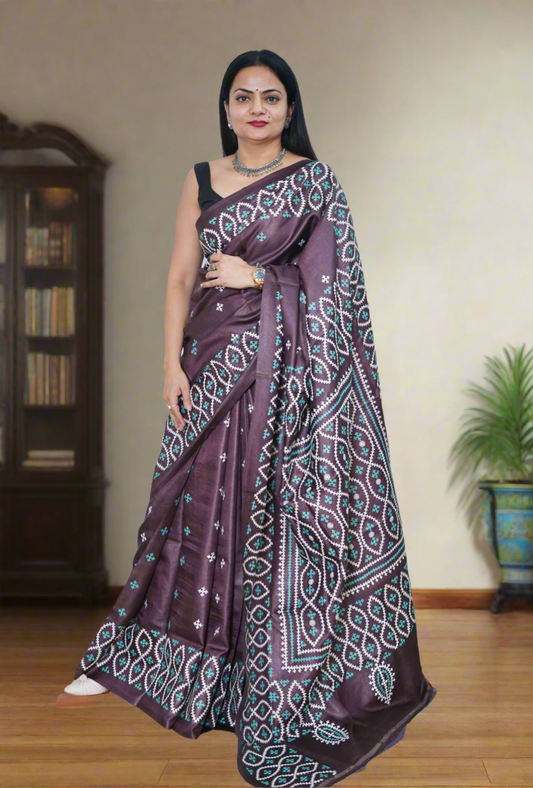 Kutch work/Gujrati stitch Hand Embroidered Pure Tassar Silk Saree