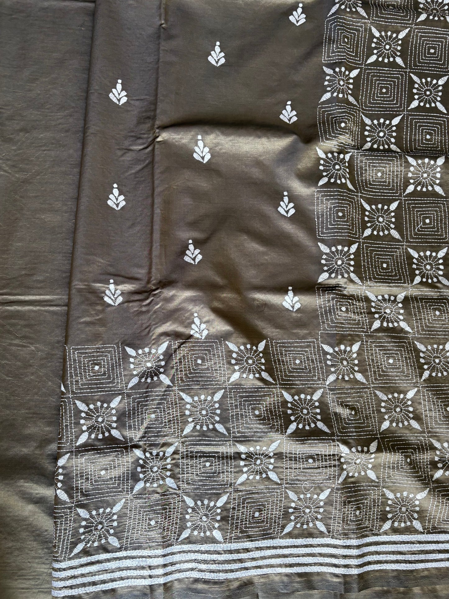 Hand embroidered Kantha stitch Saree in Art silk