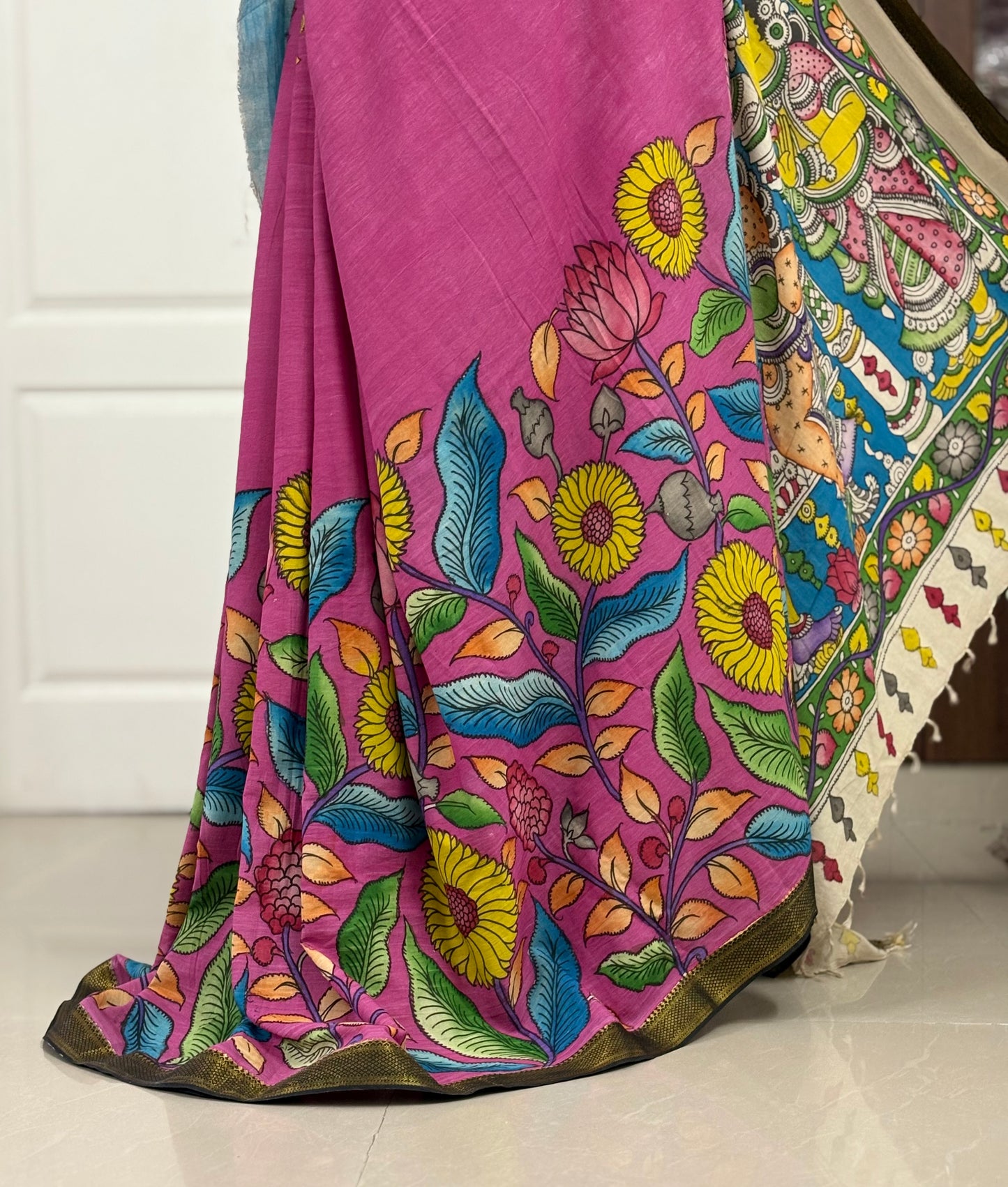 Pen Kalamkari hand painted pure cotton Saree with blouse