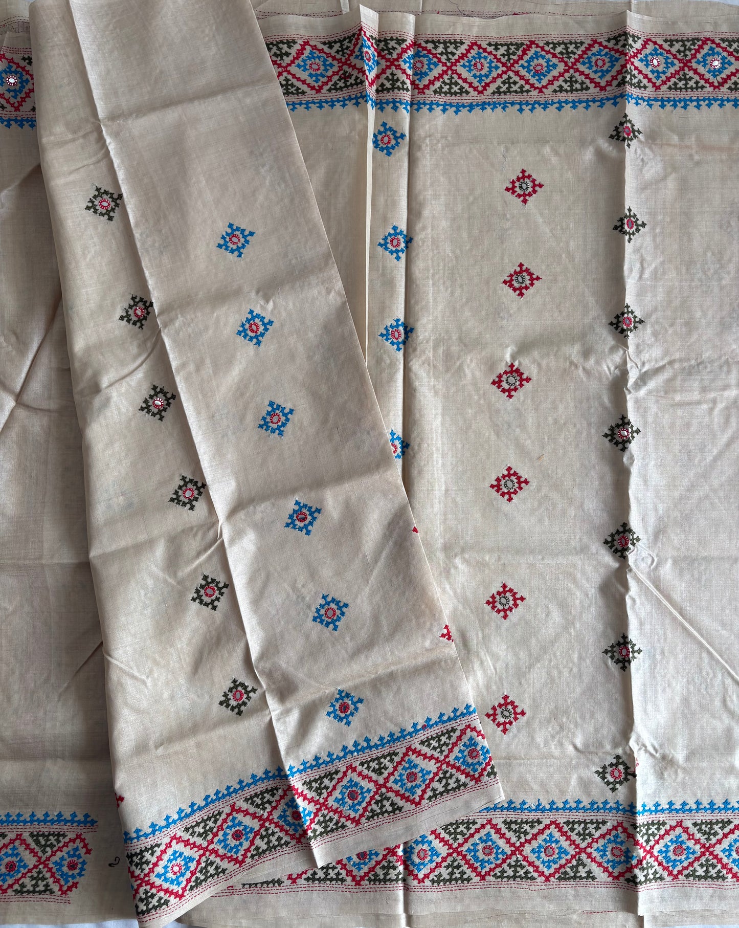 Kutchi Hand Embroidered Saree | Pure Gachi by Gachi Tassar Silk | Silk Marked | Off- White
