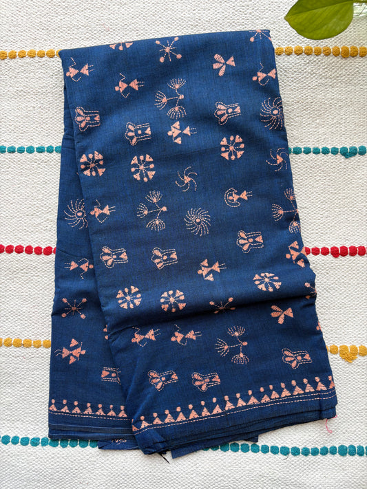 Kantha Stitch Hand-Embroidered Saree | Khadi Cotton | Azure Blue