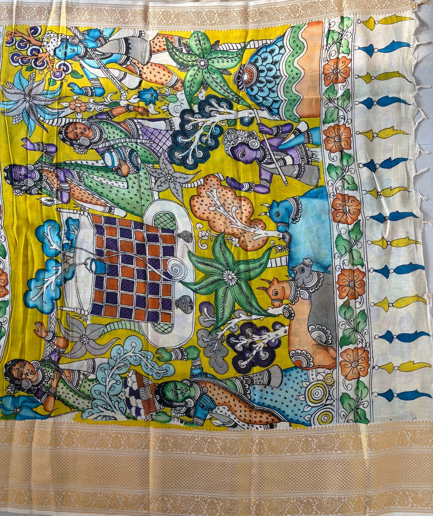 Pen Kalamkari hand painted Banglore Silk Saree with blouse