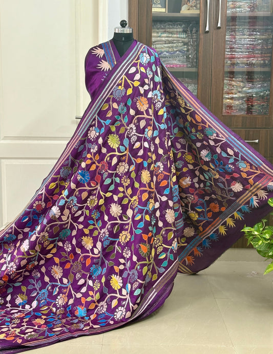Kantha Hand Embroidery Pure Silk Saree - Flowers