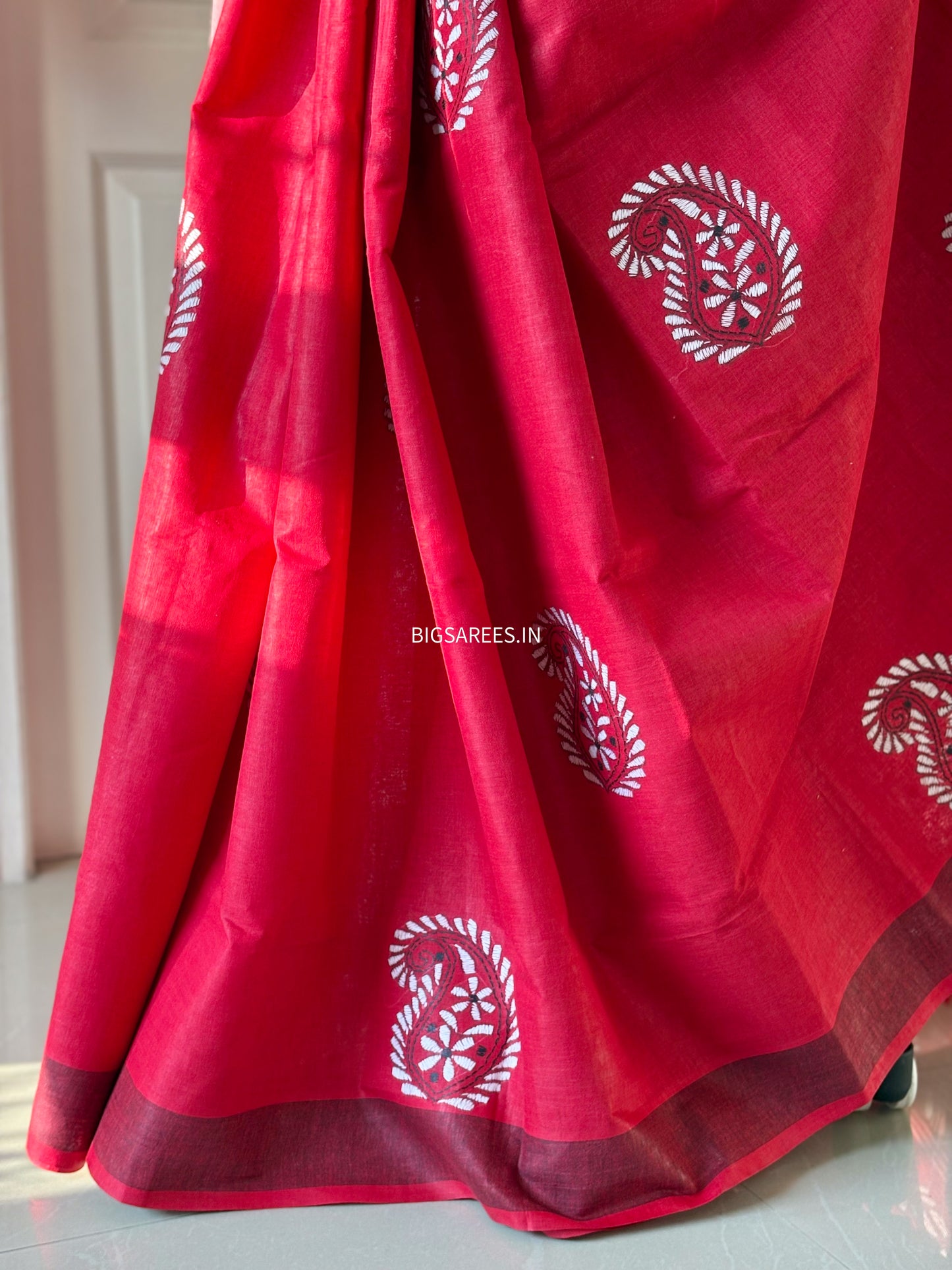 Red Kantha Hand Embroidered Pure Cotton Saree
