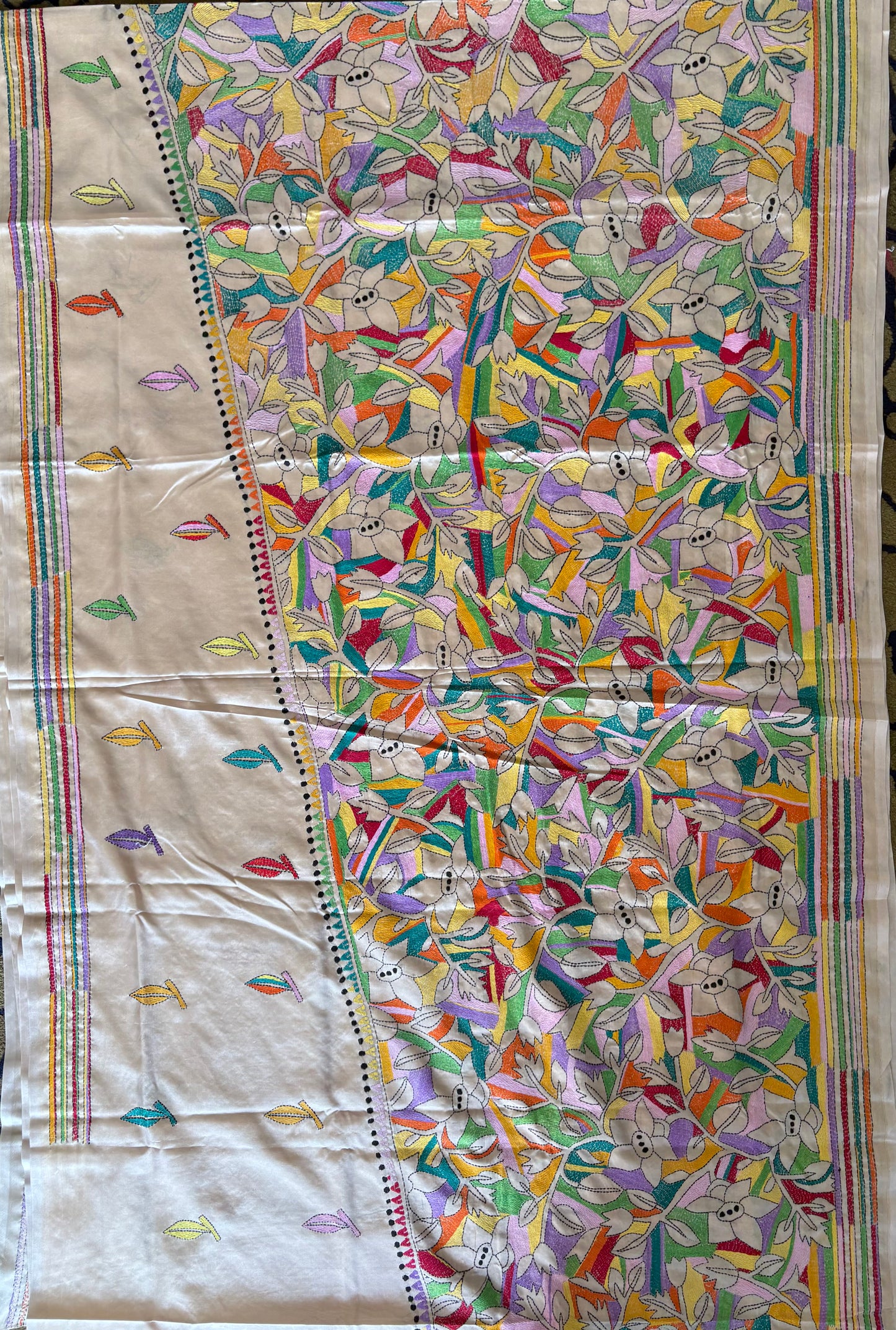 Reverse Kantha Hand Work Embroidered Art Silk Saree - Beige