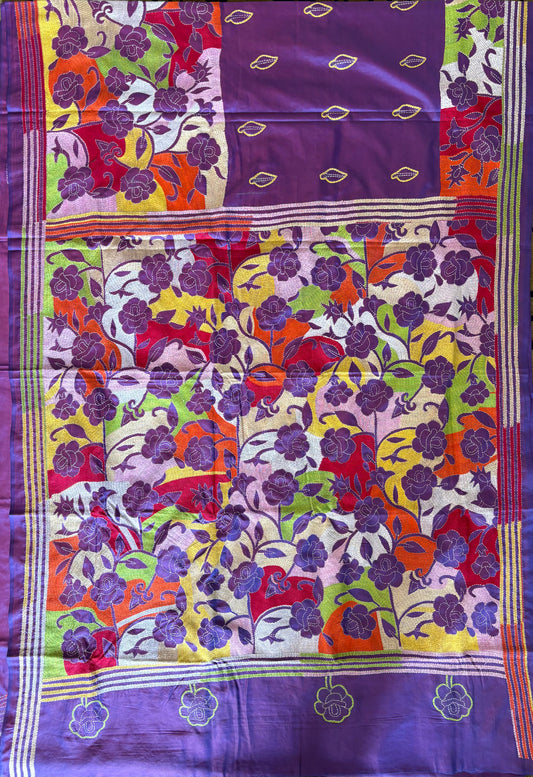 Reverse Kantha Hand Embroidered Blended Banglore Silk/Art Silk Saree With Blouse
