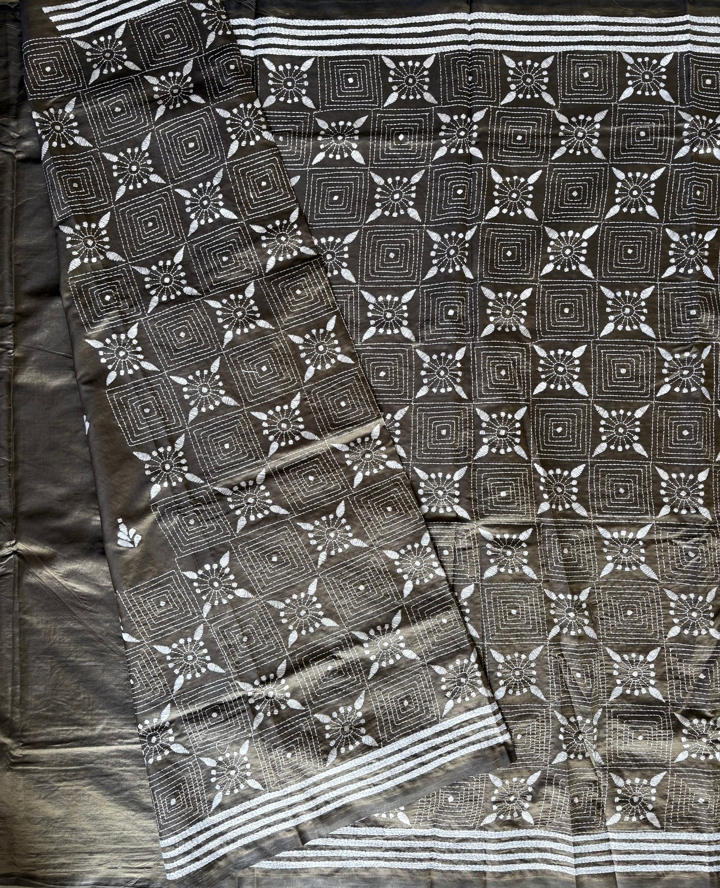 Hand embroidered Kantha stitch Saree in Art silk