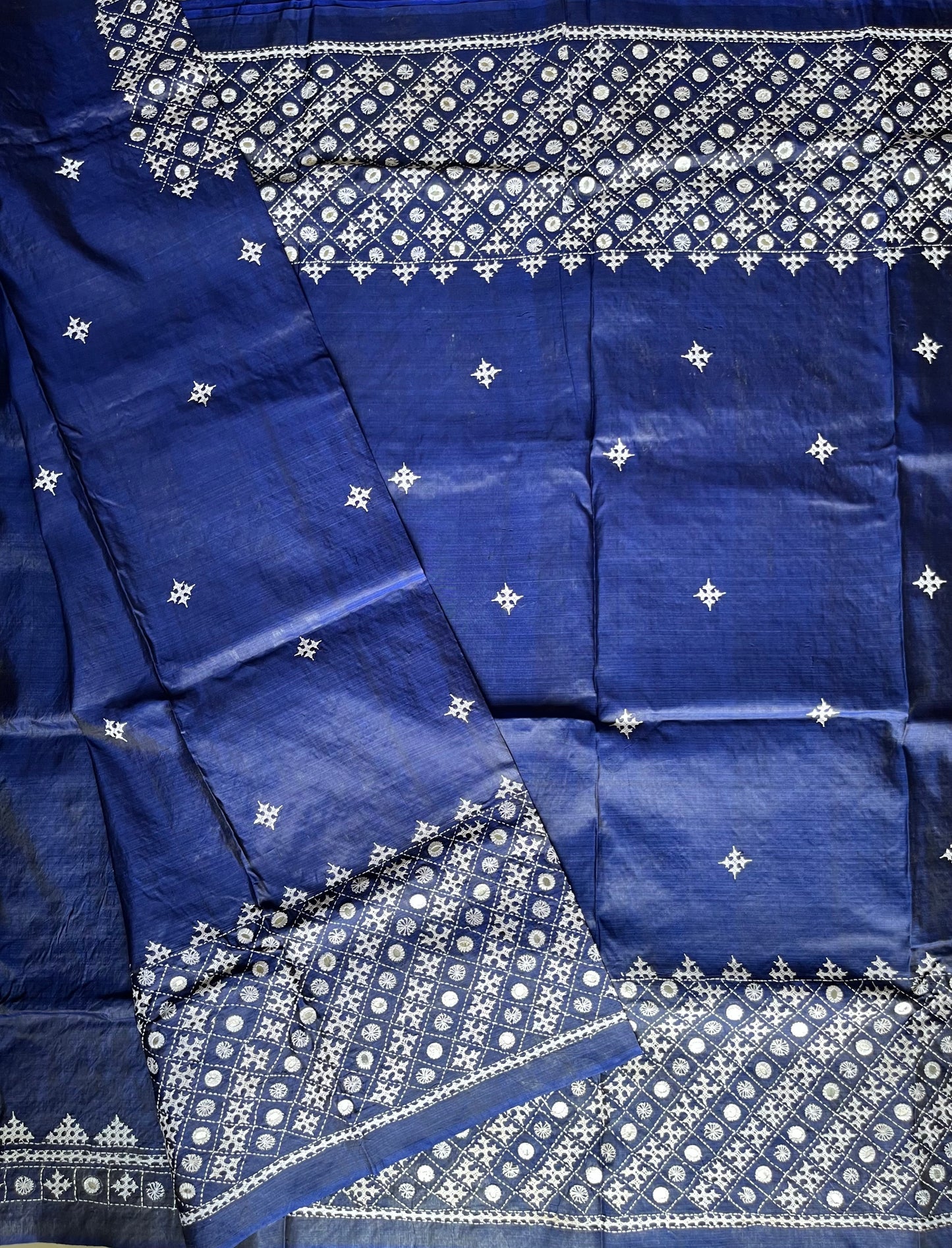 Navy Blue Kutch Hand Embroidered Pure Banglore Silk Saree