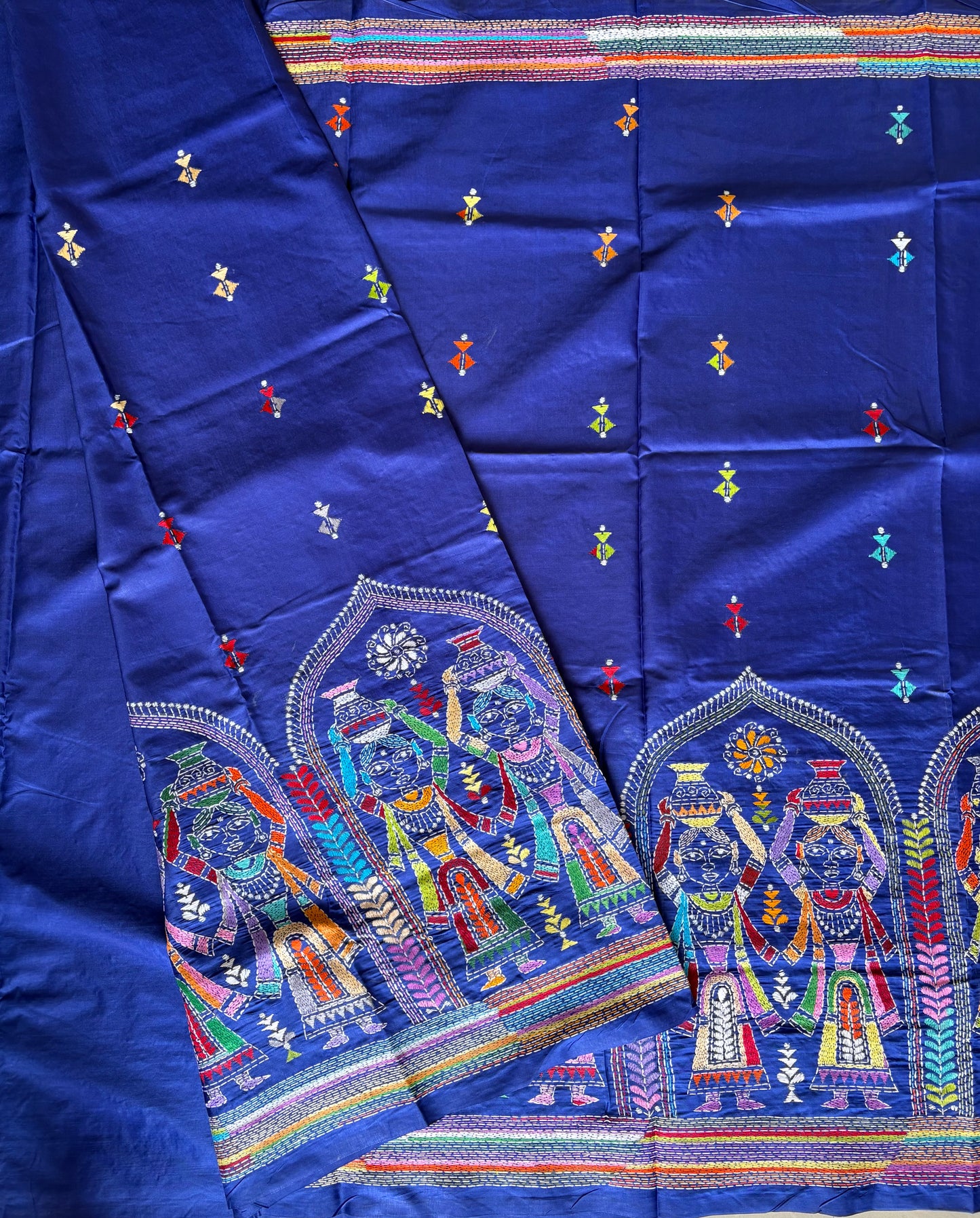Royal Blue Kantha stitch Hand Work Art Silk Saree With Blouse