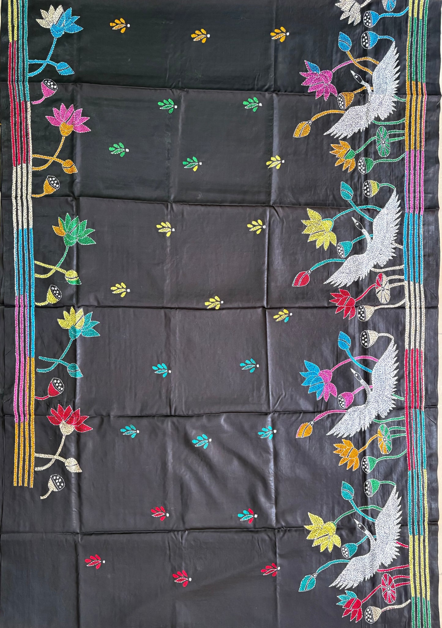 Hand work Kantha stitch Saree in Artificial Silk - Black