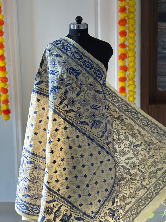 Kantha Hand Embroidary Full Work Pure Banglore Silk Dupatta. (With Silk Mark)