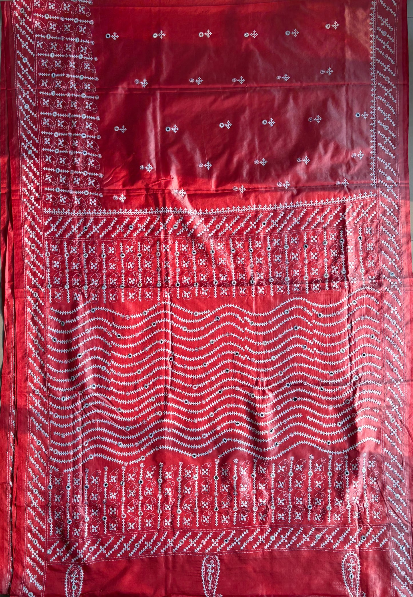 Gujrati Stitch/Kutch Hand Embroidered Art Silk Saree