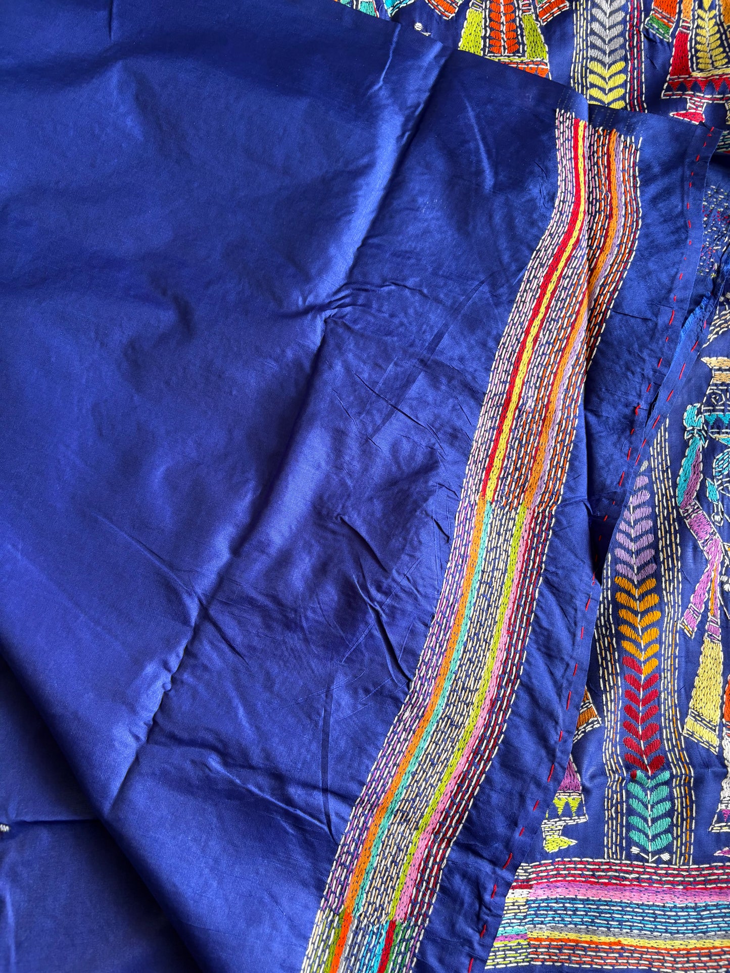 Royal Blue Kantha stitch Hand Work Art Silk Saree With Blouse