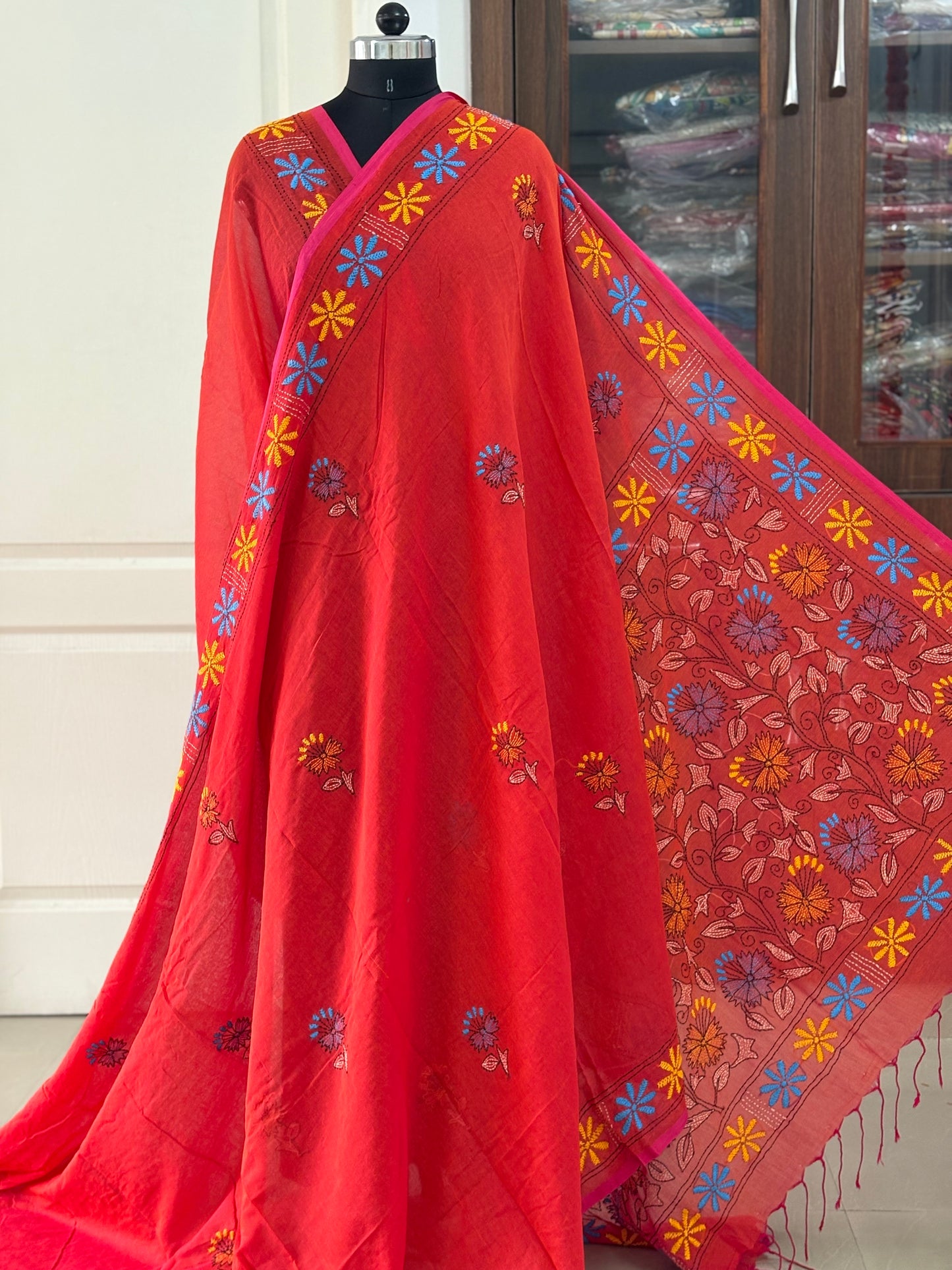 Kantha stitch Hand Embroidered Pure mul Cotton Saree