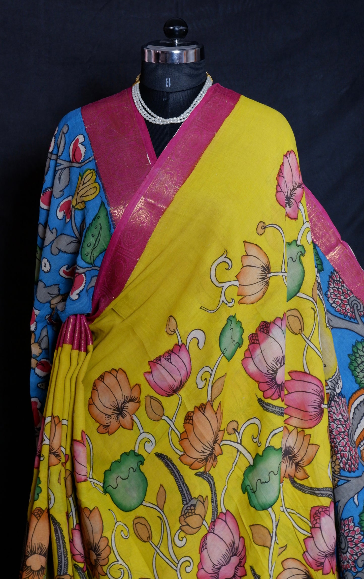 Pen Kalamkari hand painted pure cotton Saree with blouse