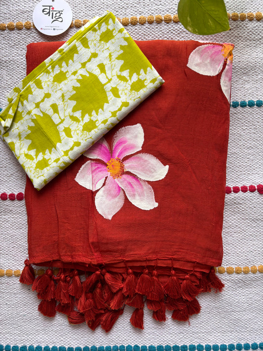 Hand Painted Mul Cotton Saree with Hand Block Printed Blouse | Brick Red