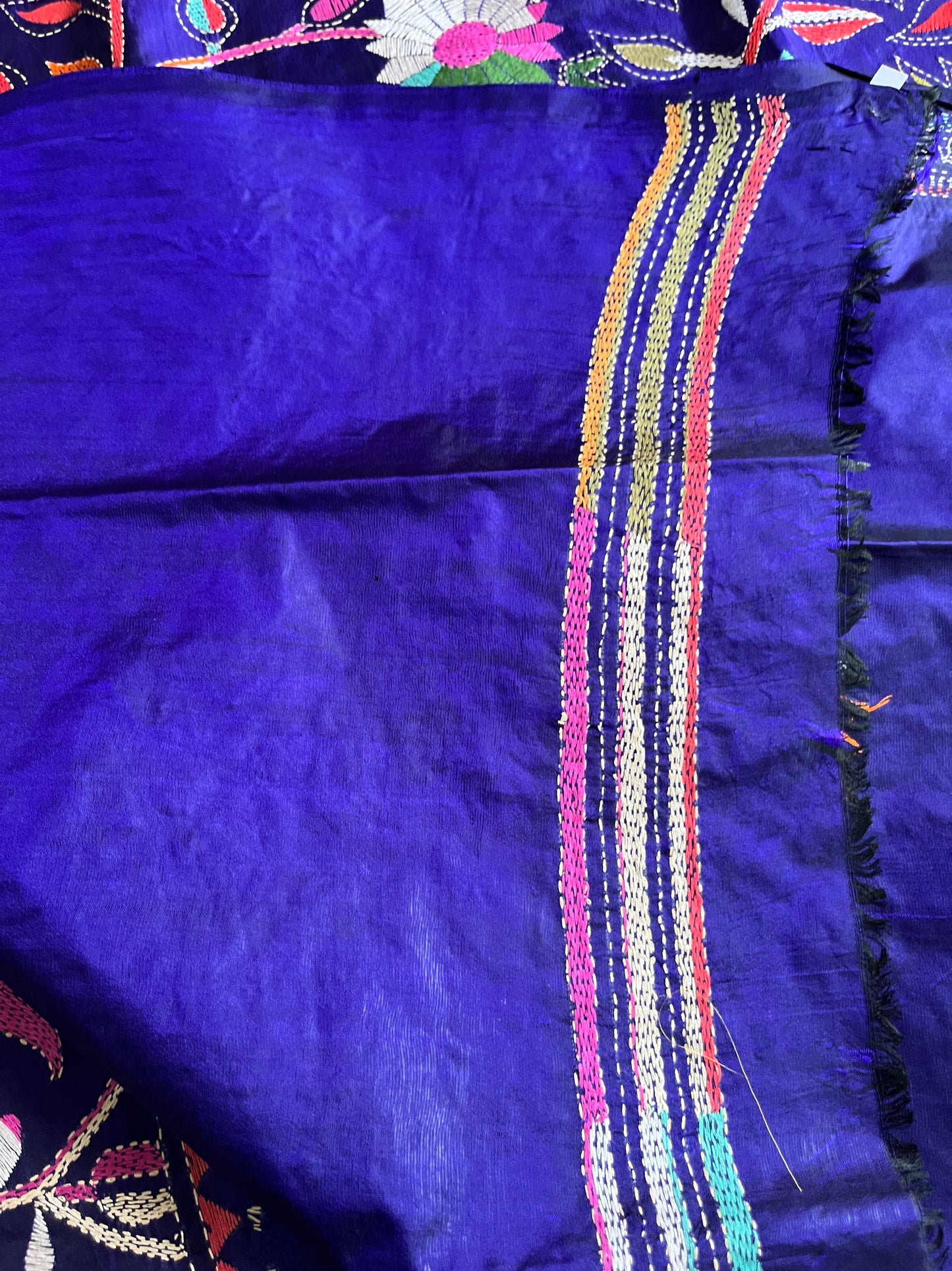 Blue Kantha Stitch Hand Embroidered Pure Banglore Silk Saree (Silk Marked)