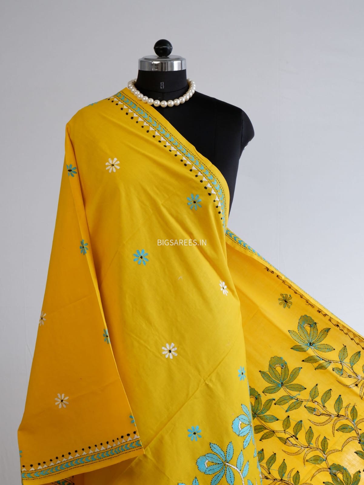 Hand-Embroidered Kantha Stitch Dupatta | Khadi Cotton | Yellow