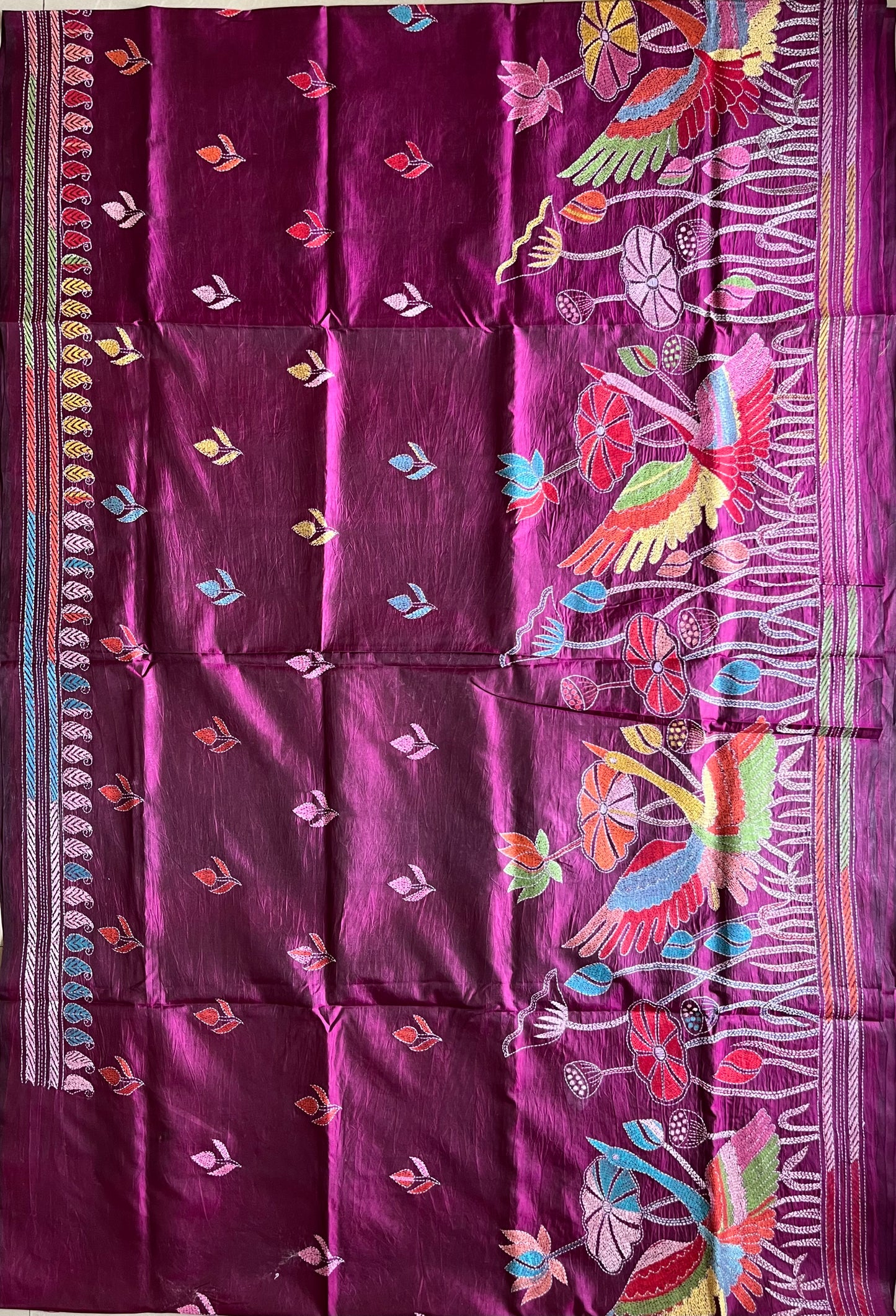 Kantha Hand Embroidered Pure Banglore Silk Saree (Silk Marked)