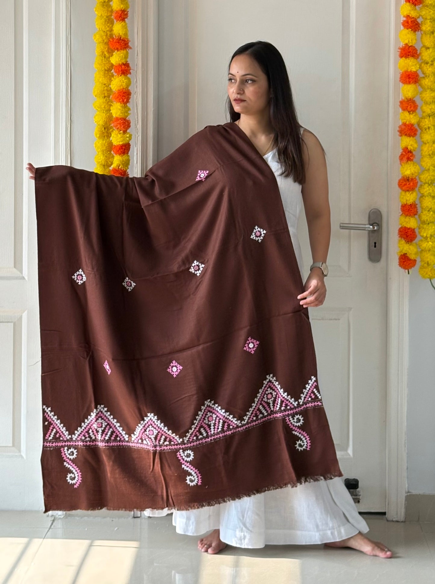 Gujrati Stitch Hand Embroidered Woollen Warm Shawl (brown)