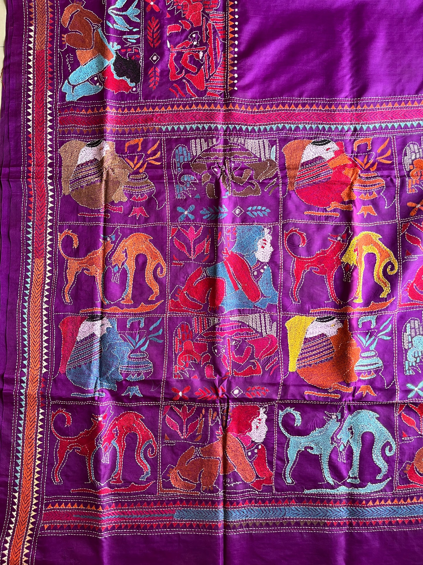 Purple Kantha Hand Embroidary Pure Banglore Silk Saree