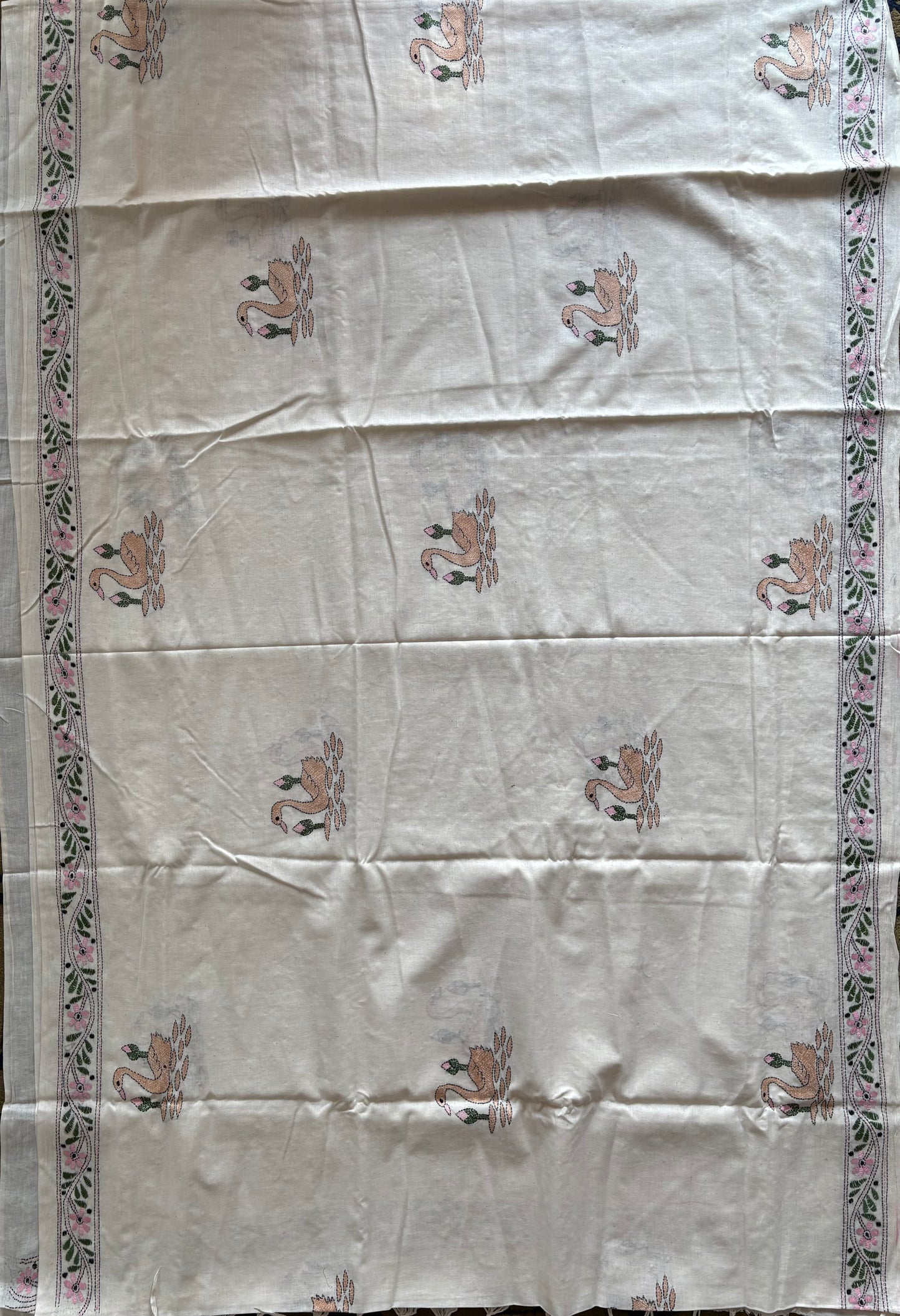 Kantha stitch Khadi Cotton Saree - Off white